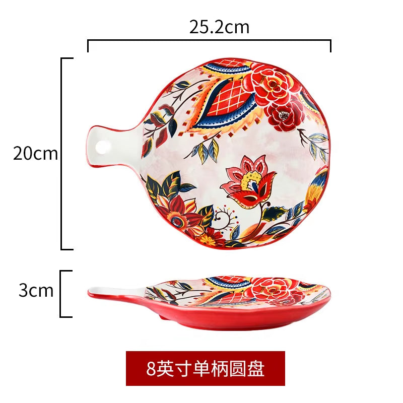 Ceramic Colorful Flower Dinner Plate Set Under-Glazed Retro Dinner Dishes Dinnerware Household Bowl Bakeware Flower Tableware