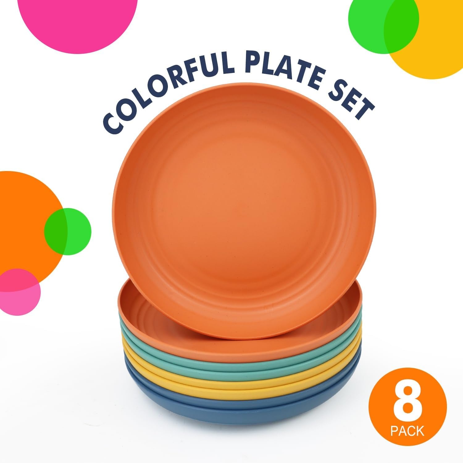 Deep Dinner Plates Set of 8 Alternative for Plastic Plates Microwave and Dishwasher Safe Wheat Straw Plates for Kitchen Unbreakable Kids Plates with 4 Colors (Classic Bright, 9 Inch)