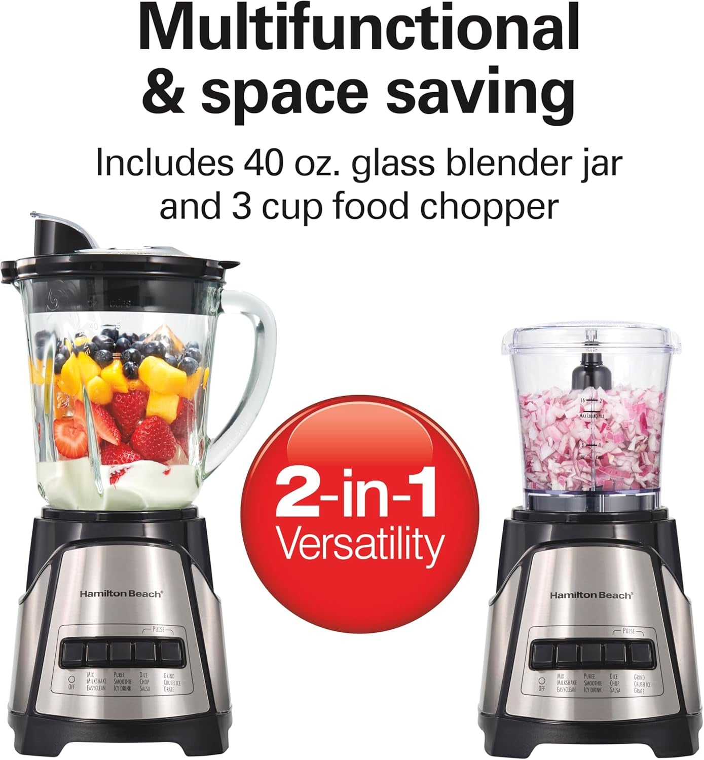 Power Elite Blender for Shakes and Smoothies with 3-Cup Vegetable Chopper Mini Food Processor, 40Oz Glass Jar, 12 Functions for Puree, Ice Crush, Black and Stainless Steel (58149)