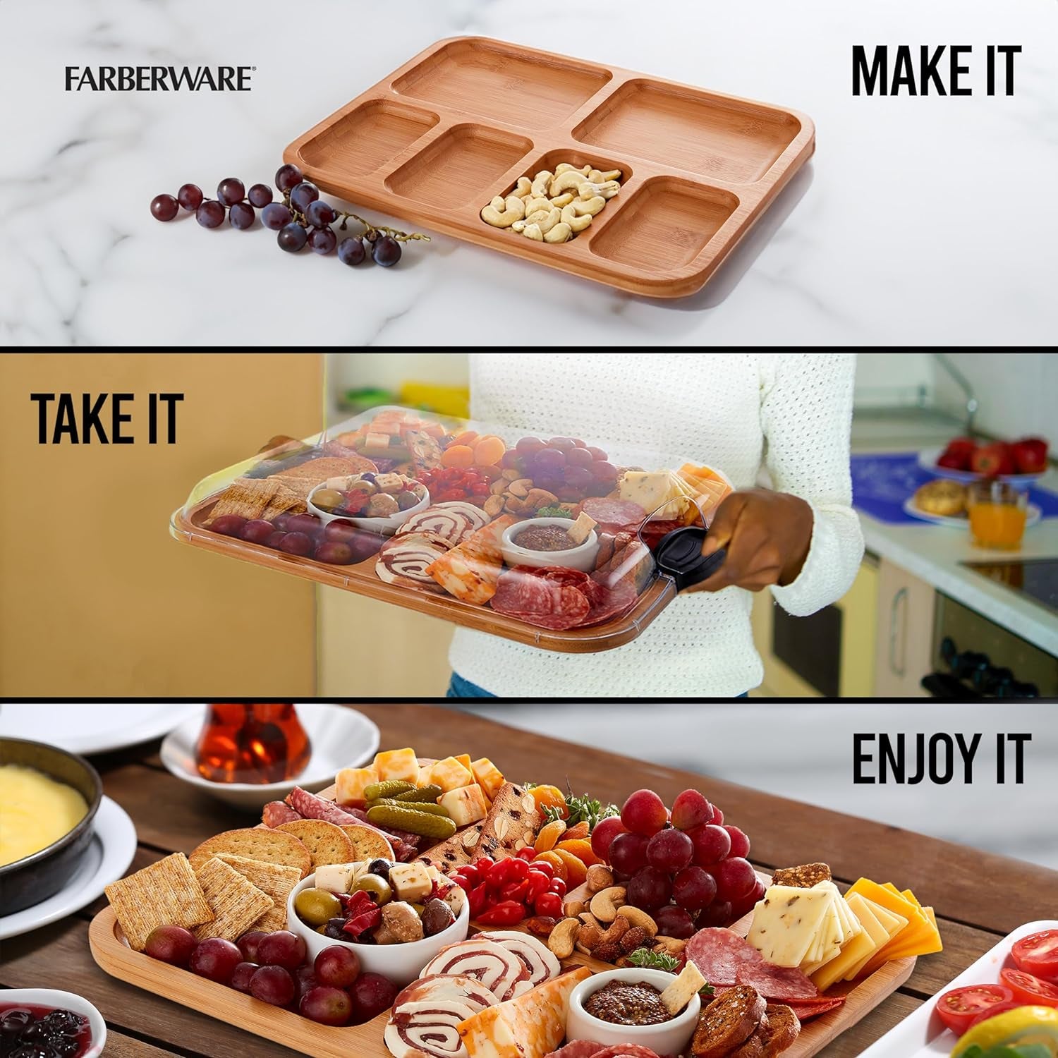 Build-A-Board Cutting Board with Compartments and Clear Locking Lid for Charcuterie, Snacks, and More-Make It. Take It. Enjoy It, 11X14 Inch, Bamboo