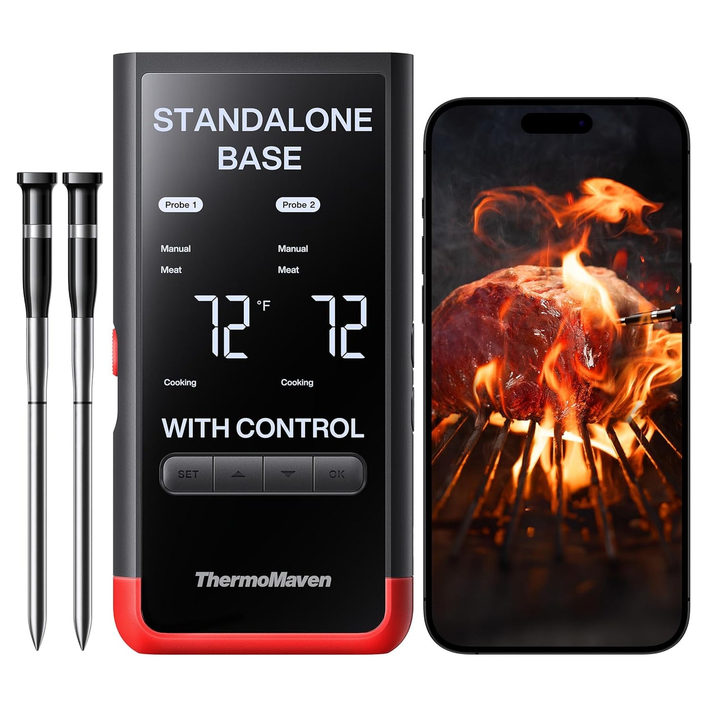 Wireless Bluetooth Smart Meat Thermometer: Standalone Base, Wifi Unlimited Range, 6 Sensors with NIST Certified Accuracy, 2 Probes, for BBQ, Grill, Oven, Smoker, Rotisserie (Red)