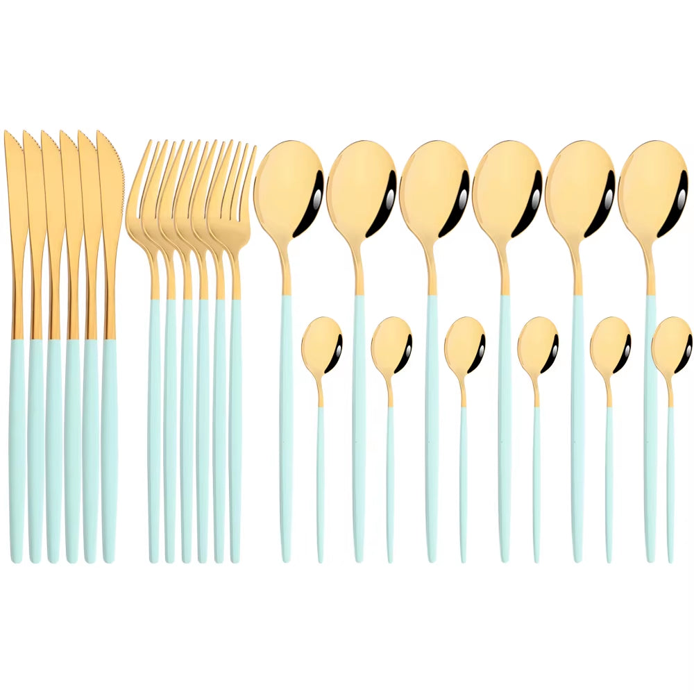 Mirror 24 Pcs Gold Cutlery Sets Kitchen Tableware Stainless Steel Knife Forks Spoons Silverware Home Flatware Set Dinnerware Set