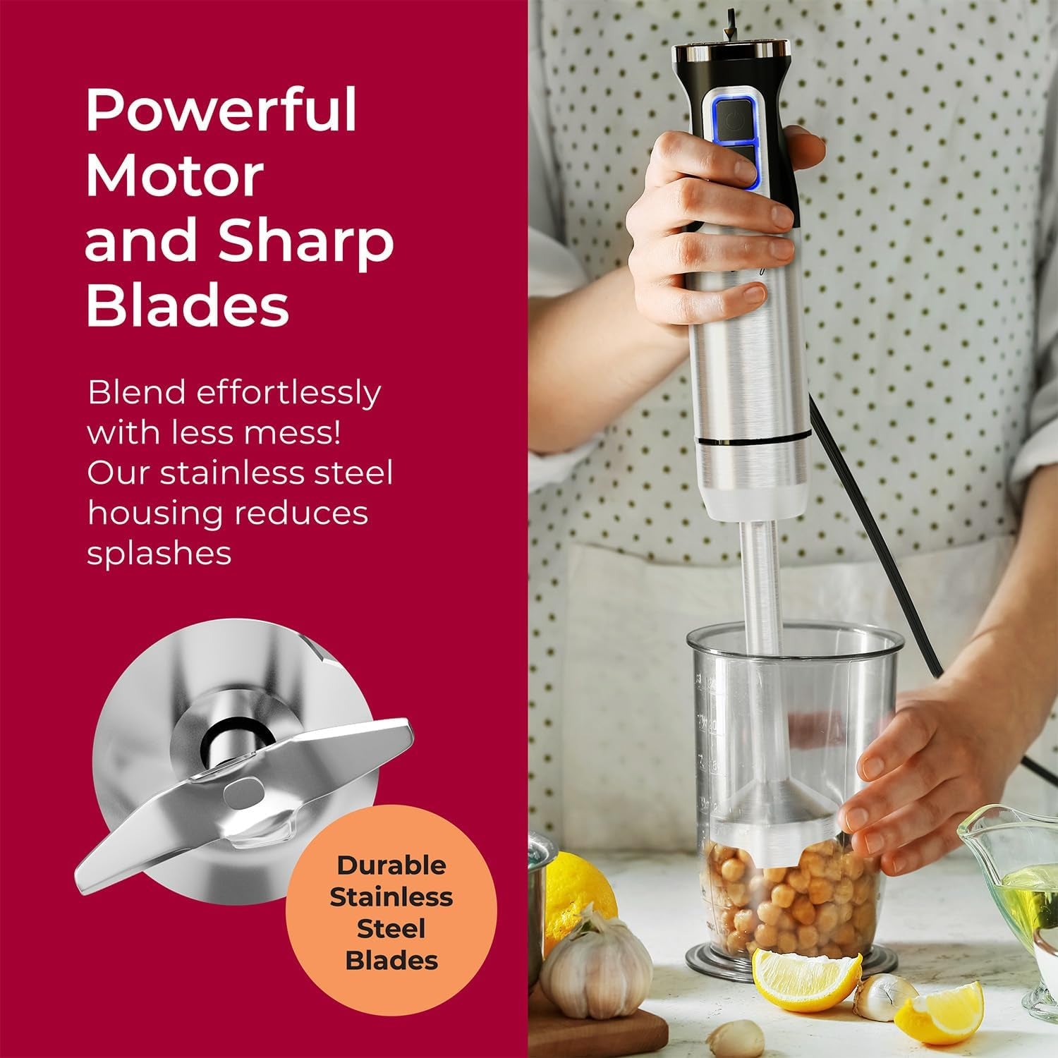 living Immersion Hand Blender Full Set - 8 Speed Immersion Blender, Hand Mixer with 7 Attachments: Stainless Steel Blade, Whisk, Milk Frother, Beater, Mixing Hooks, Potato Masher, Chopper Bowl