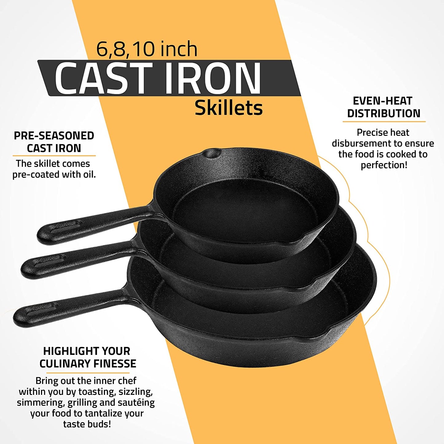 Saute Fry Pan - Pre-Seasoned Cast Iron Skillet Set 3-Piece - Frying Pan - 6 Inch, 8 Inch and 10 Inch Cast Iron Set - Cooking Gift for Men & Women (Black)