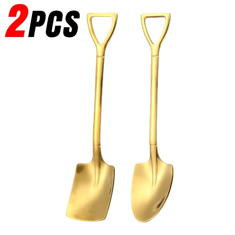 Stainless Steel Shovel Spoons Gold Silver Mini Coffee Teaspoon Fruit Ice Cream Dessert Spoon Scoops Kitchen Tableware Set 20/2Pc