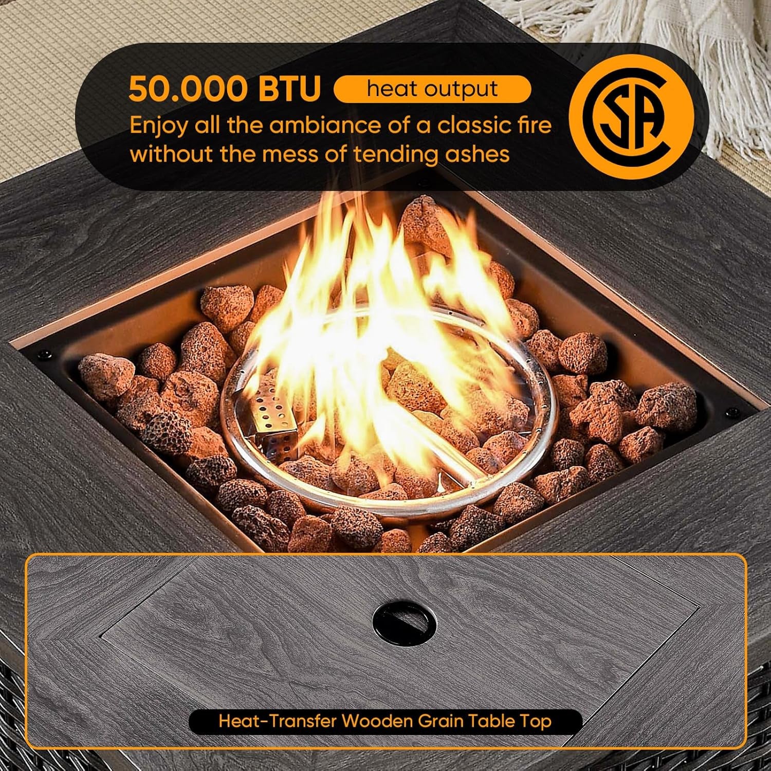 Fire Pit Propane Firepit Table - 30 Inch 50,000 BTU Outdoor Wicker Fire Pits with Removable Lid and Lava Rocks Patio Firepit Tables for Porch Deck Balcony outside Garden(Mixed Grey Wicker)