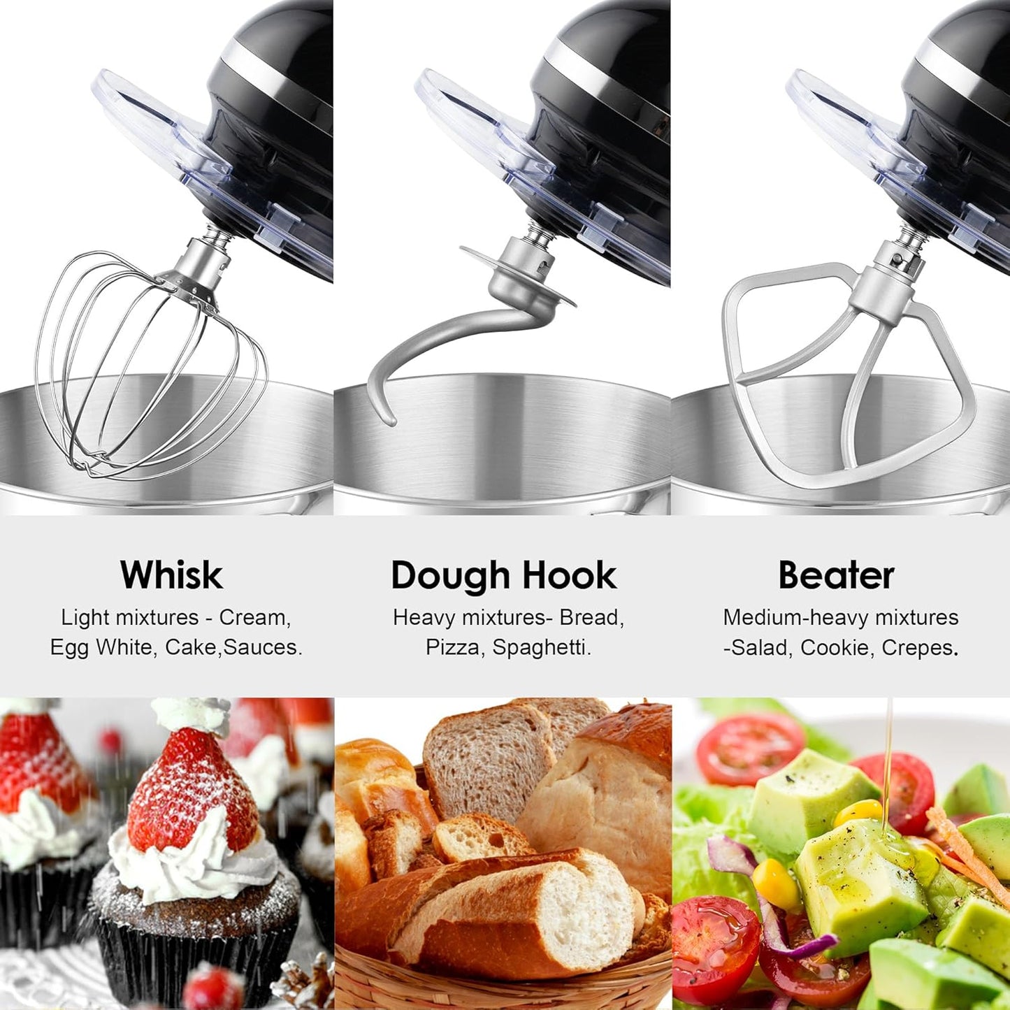 Stand Mixer,6.5-Qt 660W 6-Speed Tilt-Head Food Mixer, Kitchen Electric Mixer with Dough Hook, Wire Whip & Beater (6.5QT, Black)