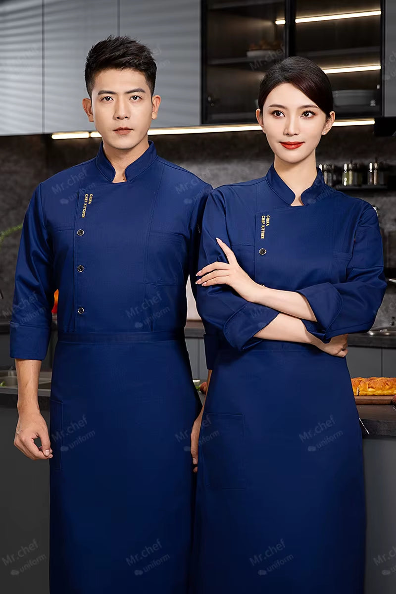 Men Chef Jacket with Apron Long Sleeve Chef Uniform Restaurant Cook Coat Chef T-Shirt Work Uniform Hotel Clothes Logo Women