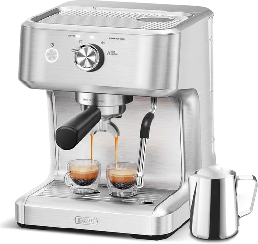 Ezbru 1000 Espresso Machine, Barista Coffee Machine with Adjustable Temperature and Shot Volume, Stainless Steel Cappuccino Machine with Milk Frother, Express Coffee Machine for Coffee Lover