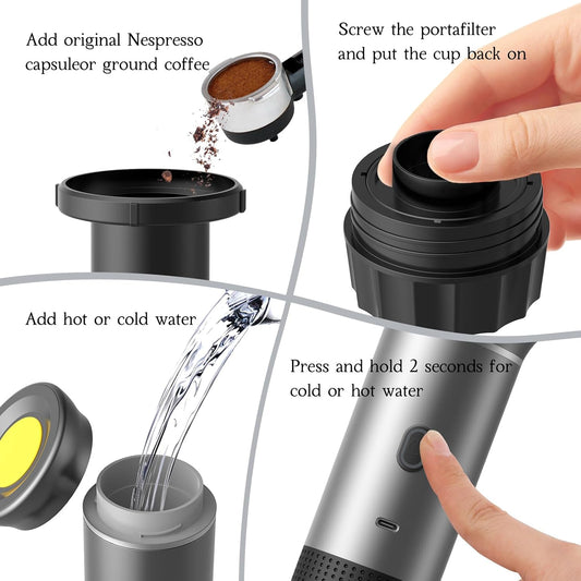 Portable Coffee Maker Espresso Machines, Mini Travel Camping Coffee Makers, Battery Portable Espresso Self-Heating Car Coffee Maker with Ground Coffee & NS Capsule