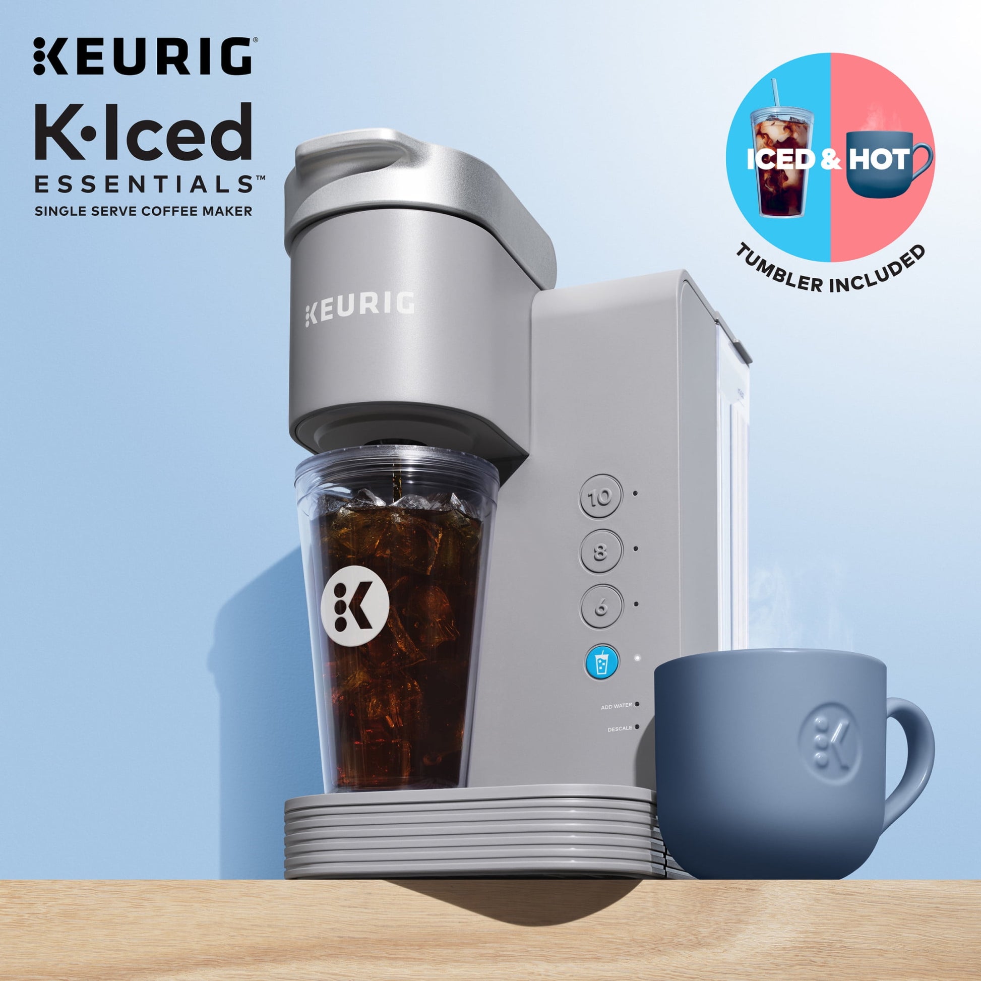 K-Iced Essentials, Gray Iced and Hot Single-Serve K-Cup Pod Coffee Maker, Reusable Tumbler Included