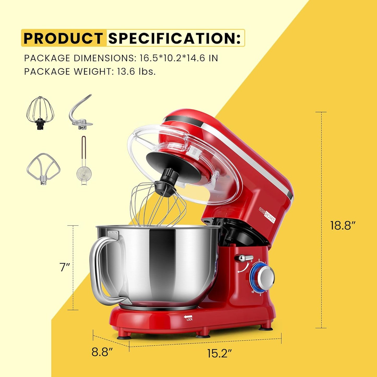 Stand Mixer, 660W 10 Speed 6 Quart Tilt-Head Kitchen Electric Food Mixer with Beater, Dough Hook, Wire Whip and Egg Separator, Red