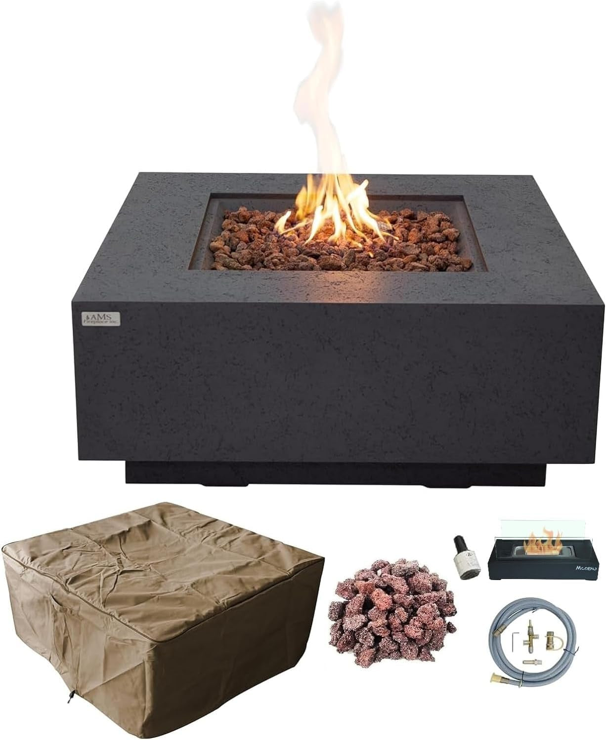 AMS Fireplace | Brooklyn 40"X40" Square Concrete Natural Gas Fire Pit Table | Dark Gray | Travertine (Coarse) Texture Surface | Outdoor Patio Heater Electronic Ignition outside Backyard Fireplace