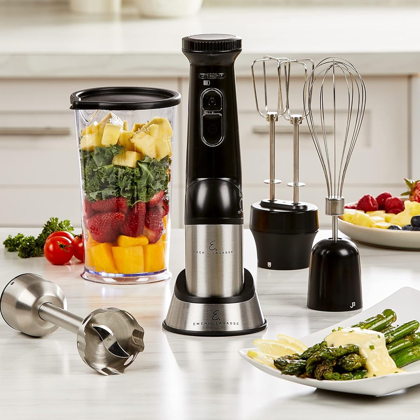 Emeril Everyday Blender & beyond Immersion Hand Blender, Cordless with Charging Station, Whisk and Double Beater Included.