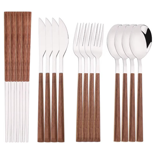 4/12/16Pcs Silver Cutlery Set Chopsticks Knife Fork Spoon Imitation Wooden Handle Korean Dinnerware Set Luxury Tableware Set