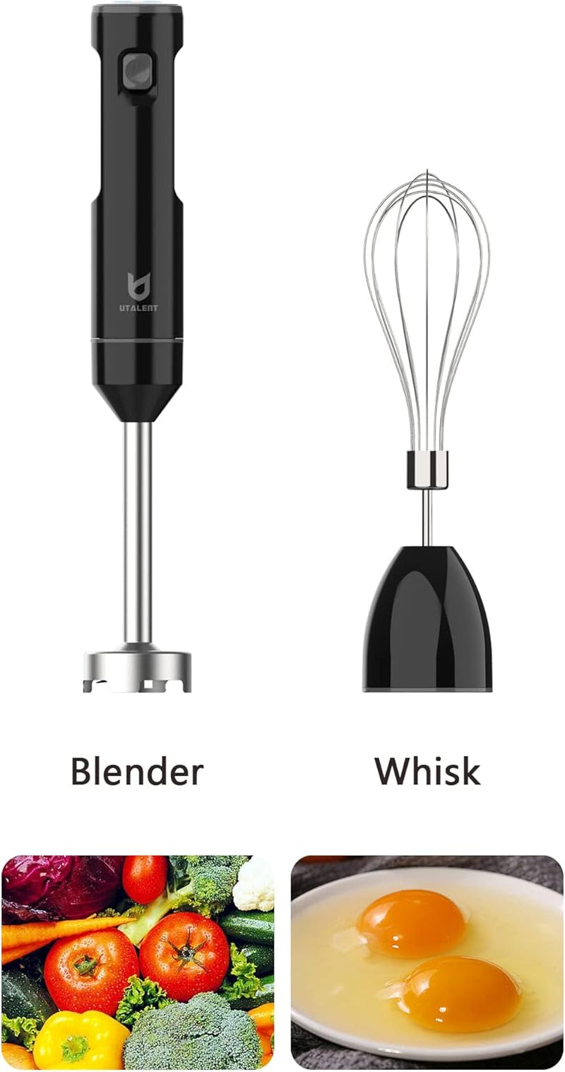 Cordless Hand Blender,  Variable Speed Immersion Blender Handheld Rechargeable, with Fast Charger, Egg Whisk, for Smoothies, Milkshakes, Hummus and Soups – Black