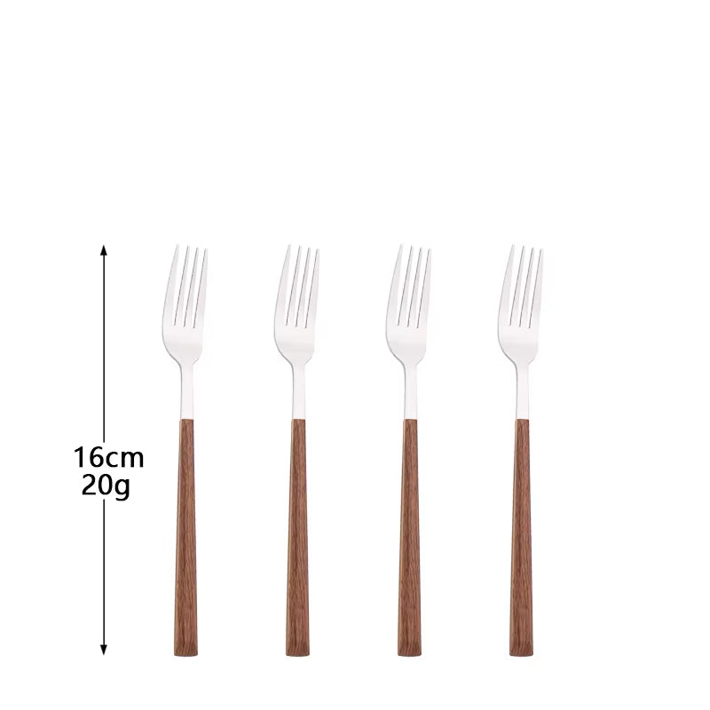 4/12/16Pcs Silver Cutlery Set Chopsticks Knife Fork Spoon Imitation Wooden Handle Korean Dinnerware Set Luxury Tableware Set