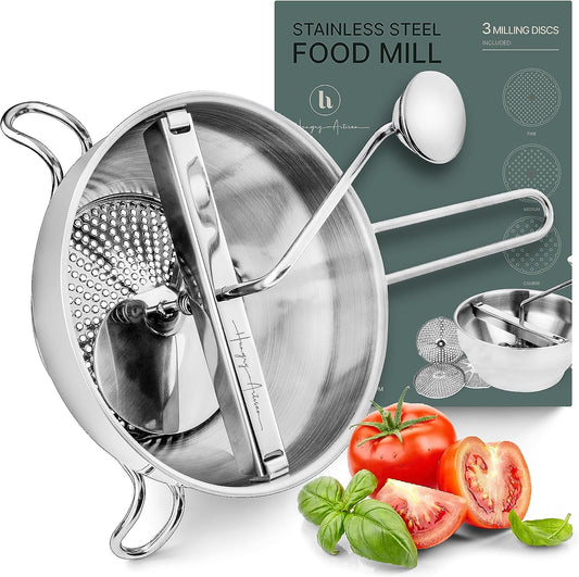 Ergonomic Food Mill Stainless Steel with 3 Grinding Discs - Rotary Food Mill for Tomato Sauce, Applesauce, Puree, Mashed Potatoes, Jams, Baby Food