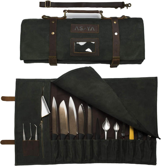 Waxed Canvas Knife Roll - 15 Knife Slots, Card Holder and Large Zippered Pocket - Genuine Leather, Cloth and Brass Buckles - for Chefs and Culinary Students - Knives Not Included