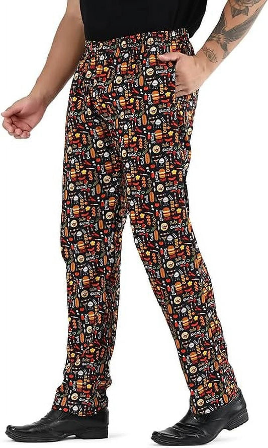 Unisex Printed Traditional Chalkboard Print Cotton Men Women Chef Pants Trouser with Draw String for Food Service, Bakers and Culinary Professional Sizde L