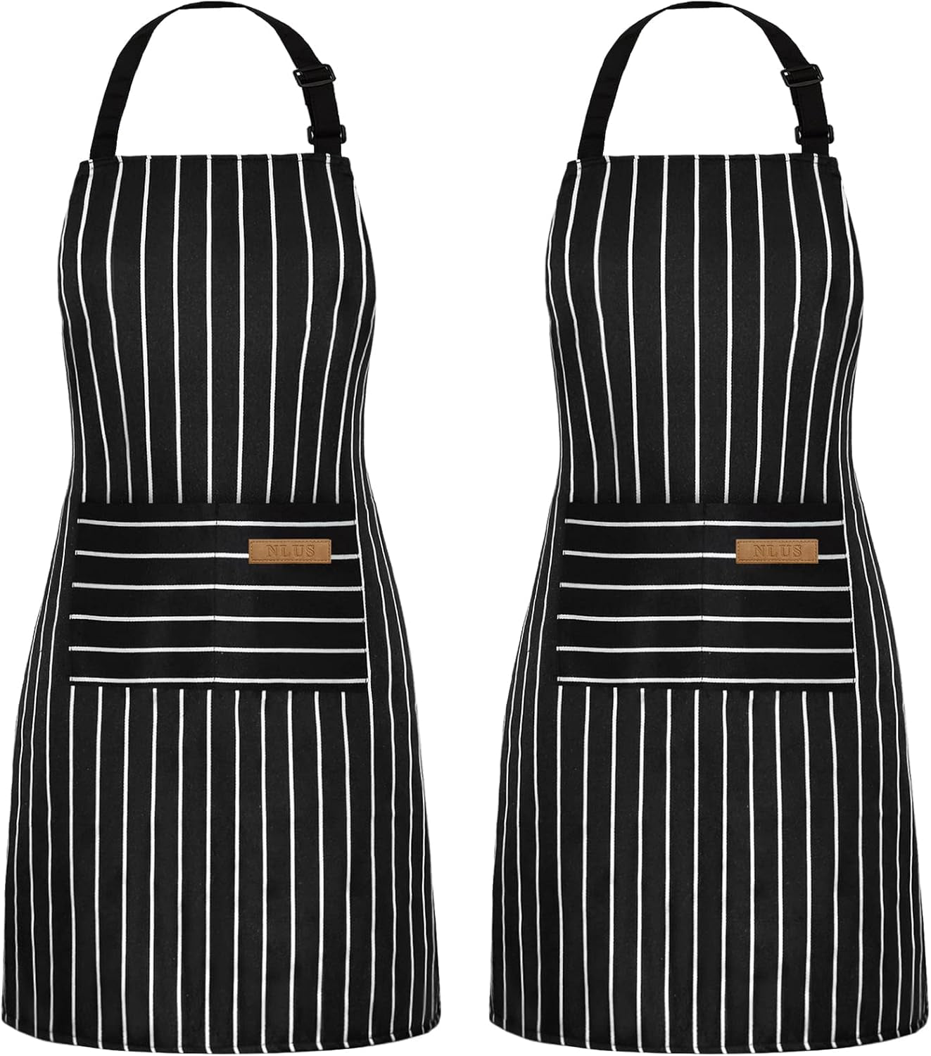 2 Pack Kitchen Cooking Aprons, Adjustable Bib Soft Chef Apron with 2 Pockets for Men Women(Black/Brown Stripes)