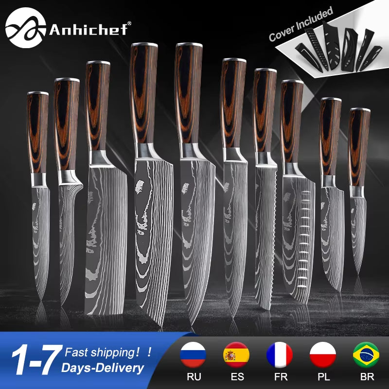 Professional Kitchen Knives Stainless Steel 7CR17 440C Laser Damascus Japanese Santoku Cleaver Slicing Utility Chef Knife Set