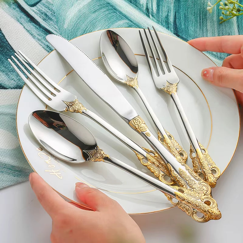 Luxery Gold Cutlery Set Vintage Dinnerware Set 18/10 Stainless Steel Silver Flatware Knife Fork and Spoon Drop Shipping