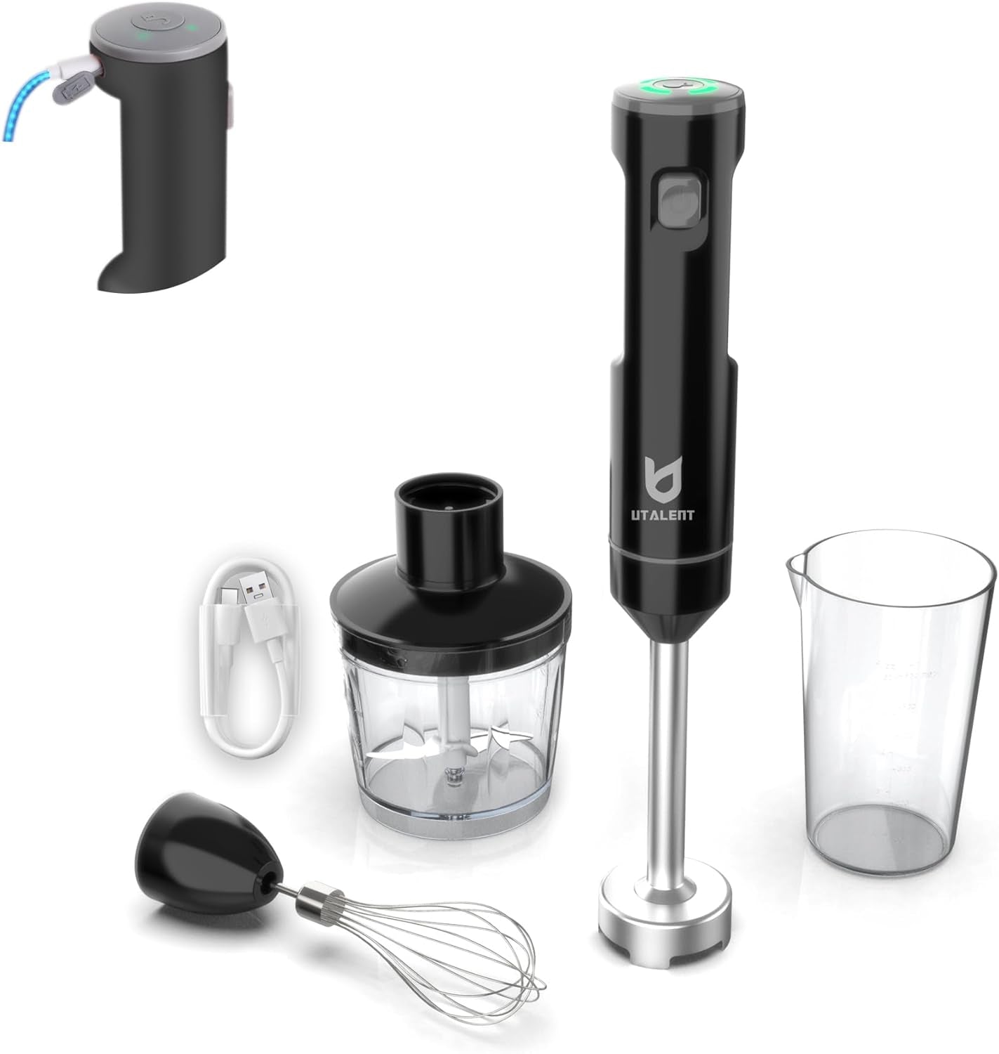 Cordless Hand Blender,  Variable Speed Immersion Blender Rechargeable, with 500Ml Chopper, 600Ml Container, Egg Whisk, for Smoothies, Baby Food and Soups – Black