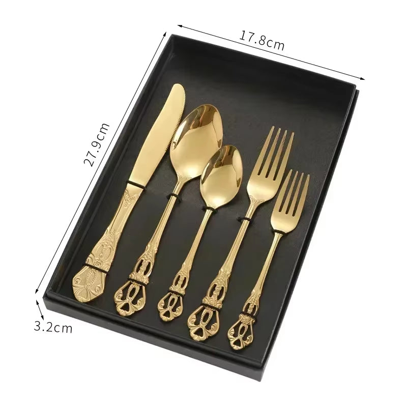 Golden Stainless Steel Cutlery Set Royal European Spoon Fork Complete Tableware Retro Design Dishwasher Safe Elegant Flatware