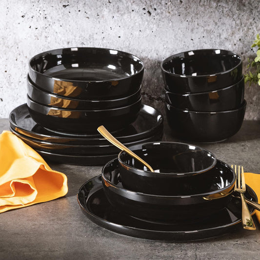 Oslo 12-Piece Porcelain Chip and Scratch Resistant Dinnerware Set, Black,Service for 4