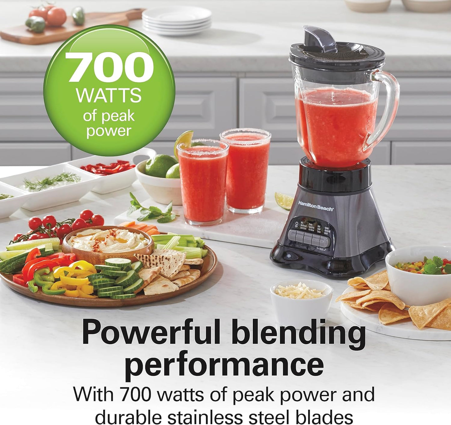 Blender for Shakes and Smoothies & Food Processor Combo, with 40Oz Glass Jar, Portable Blend-In Travel Cup & 3 Cup Electric Food Chopper Attachment, 700 Watts, Gray & Black (58163)