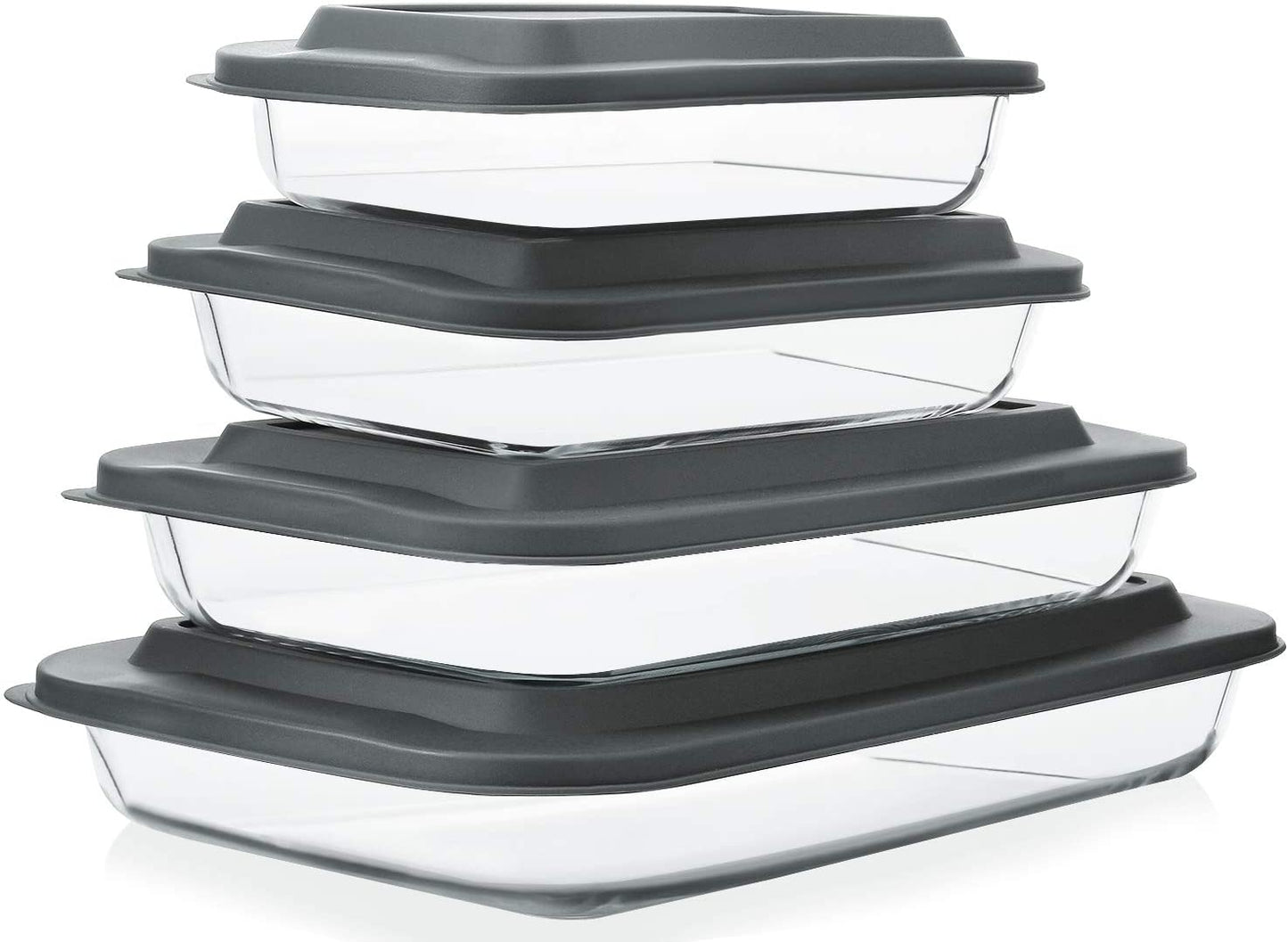 8-Piece Deep Glass Baking Dish Set with Plastic Lids,Rectangular Glass Bakeware Set with Lids, Baking Pans for Lasagna, Leftovers, Cooking, Kitchen, Freezer-To-Oven and Dishwasher, Gray