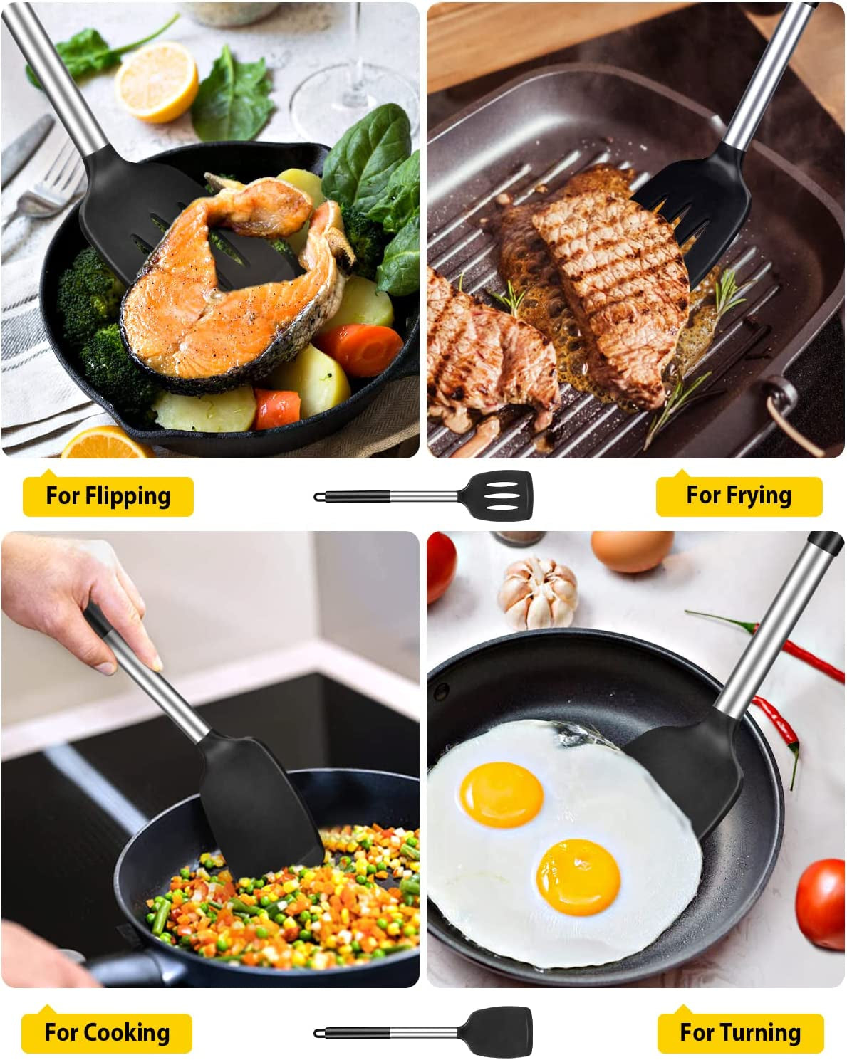 Pack of 2 Silicone Solid Turner, Non Stick Slotted Kitchen Spatulas, High Heat Resistant BPA Free Cooking Utensils, Ideal Cookware for Fish, Eggs, Pancakes(Black)