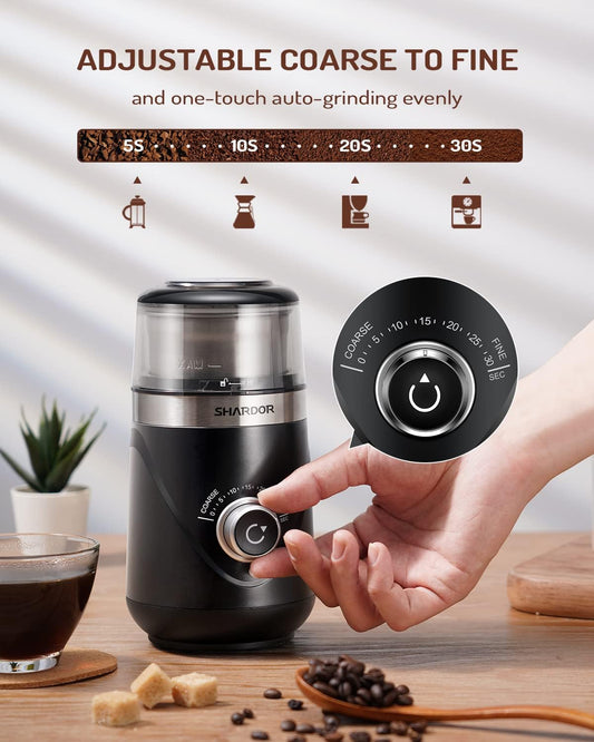 Adjustable Coffee Bean Grinder Electric, Herb/Spice Grinder, Espresso Grinder with 1 Removable Stainless Steel Bowl, Black