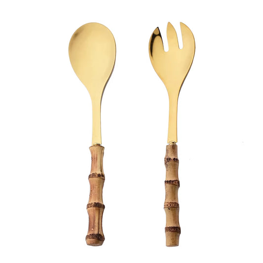 2/4Pcs Long Handle Serving Spoon Fork Bamboo Wooden Handle Salad Spork Kitchen Stainless Steel Tableware Cutlery Silverware Set