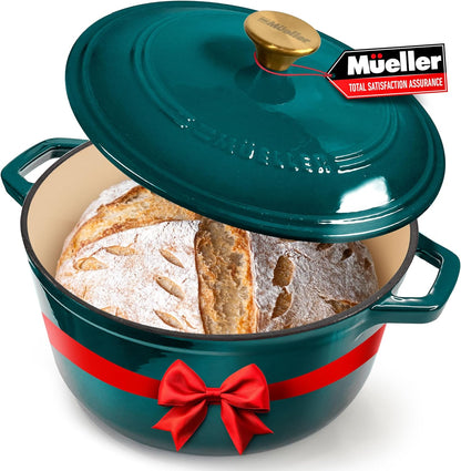 Mueller Duracast 6 Quart Enameled Cast Iron Dutch Oven Pot with Lid, Heavy-Duty, Oven Safe up to 500° F & across All Cooktops, Wedding Registry Ideas & Gifts, Emerald