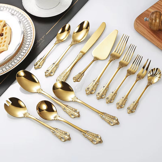 Kitchen Silver Gold Tableware Set Stainless Steel Royal Dessert Serving Spoon Forks Steak Knives Cutlery Western Dinnerware Gift