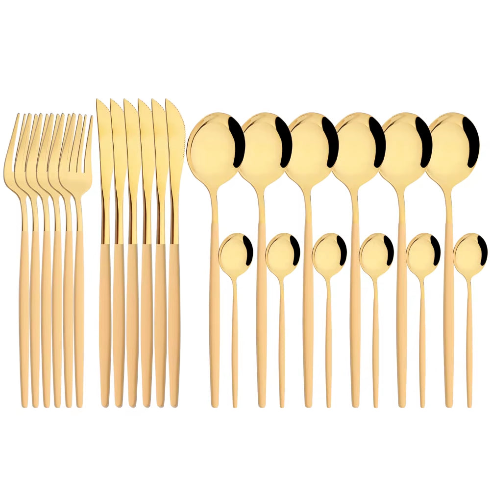 Mirror 24 Pcs Gold Cutlery Sets Kitchen Tableware Stainless Steel Knife Forks Spoons Silverware Home Flatware Set Dinnerware Set