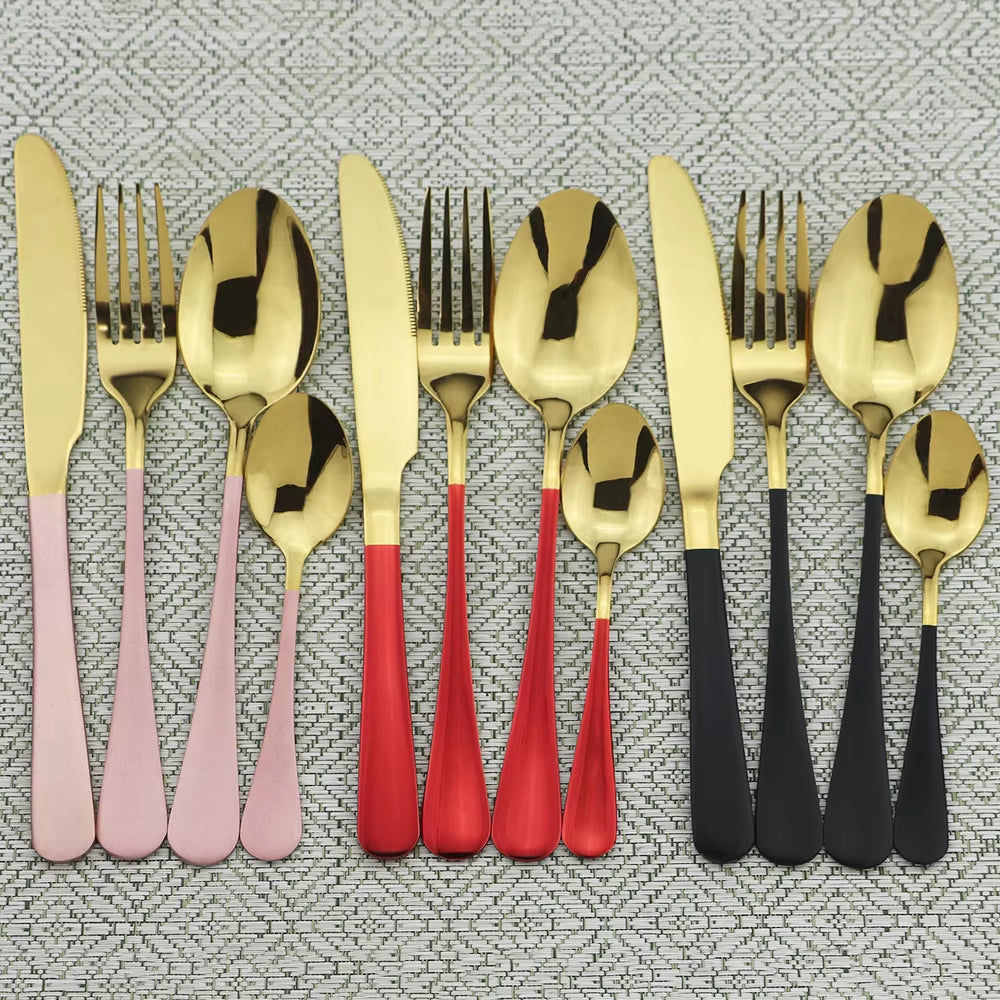 Gold Dinnerware Set Stainless Steel Cutlery Set Black Fork Knife Tea Spoon Dinner Set Colorful Silverware Kitchen Tableware Set