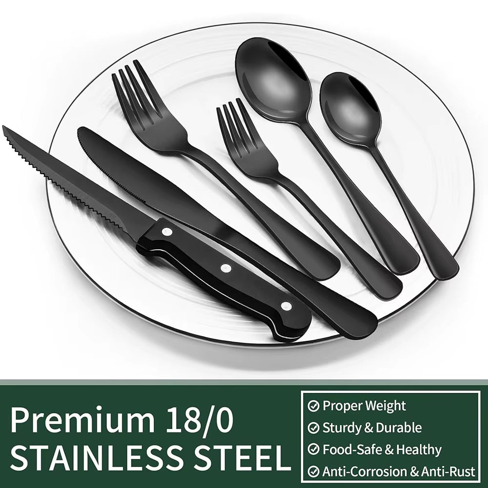 Black Silverware Set with Steak Knives, Flatware Set for 4, Food-Grade Tableware, Cutlery Set, Mirror Finished Utensil Sets