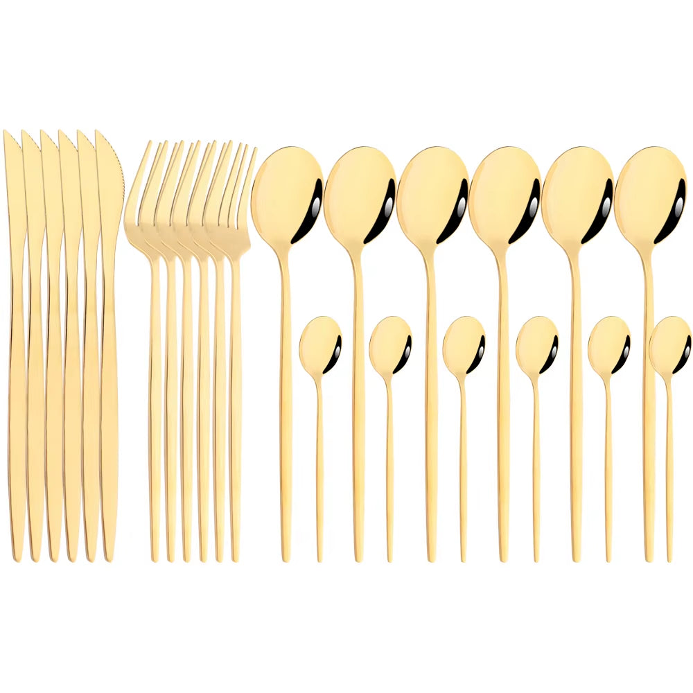 Mirror 24 Pcs Gold Cutlery Sets Kitchen Tableware Stainless Steel Knife Forks Spoons Silverware Home Flatware Set Dinnerware Set