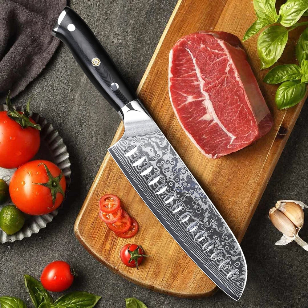 7" Japanese Style Santoku Knife Damascus Steel Professional Chef Knife Slicing Meat Cleaver Beef Kitchen Cooking Tools