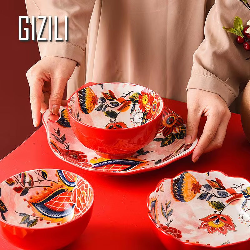 Ceramic Colorful Flower Dinner Plate Set Under-Glazed Retro Dinner Dishes Dinnerware Household Bowl Bakeware Flower Tableware