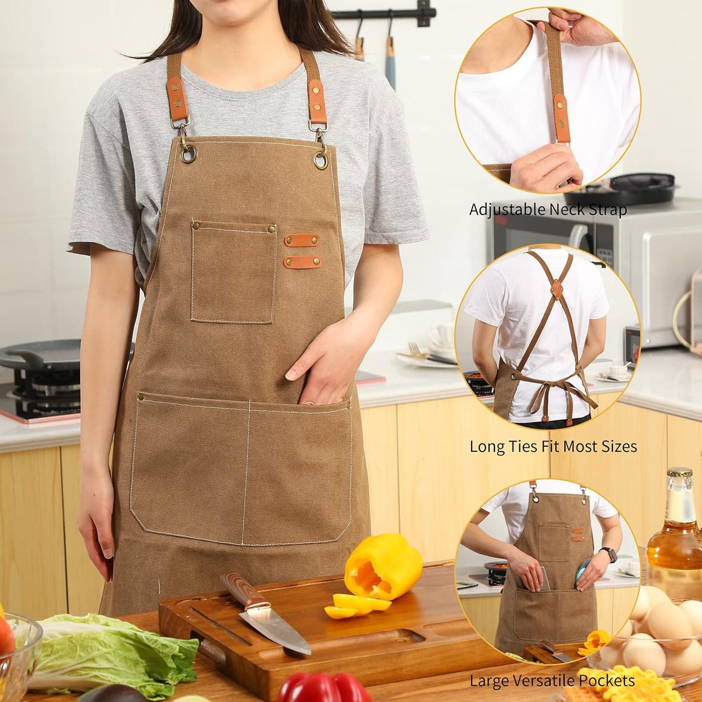 Canvas Cross Back Chef Cotton Aprons for Men Women with Large Pockets