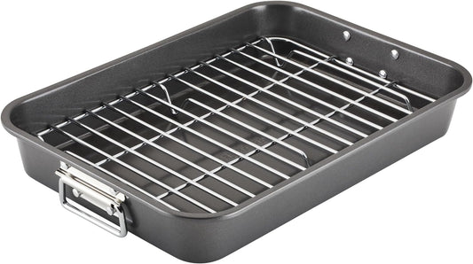 Bakeware Nonstick Steel Roaster with Flat Rack, 11-Inch X 15-Inch, Gray