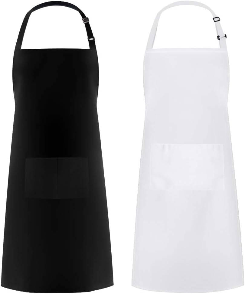 2 Pack Adjustable Bib Apron Waterdrop Resistant with 2 Pockets Cooking Kitchen Aprons for Women Men Chef, Black