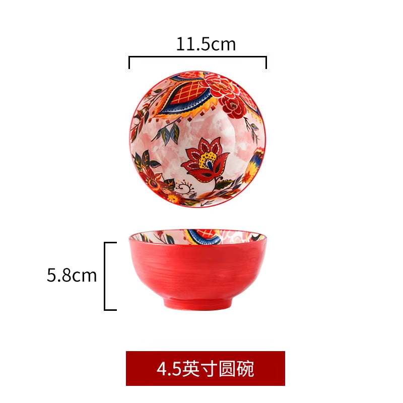 Ceramic Colorful Flower Dinner Plate Set Under-Glazed Retro Dinner Dishes Dinnerware Household Bowl Bakeware Flower Tableware