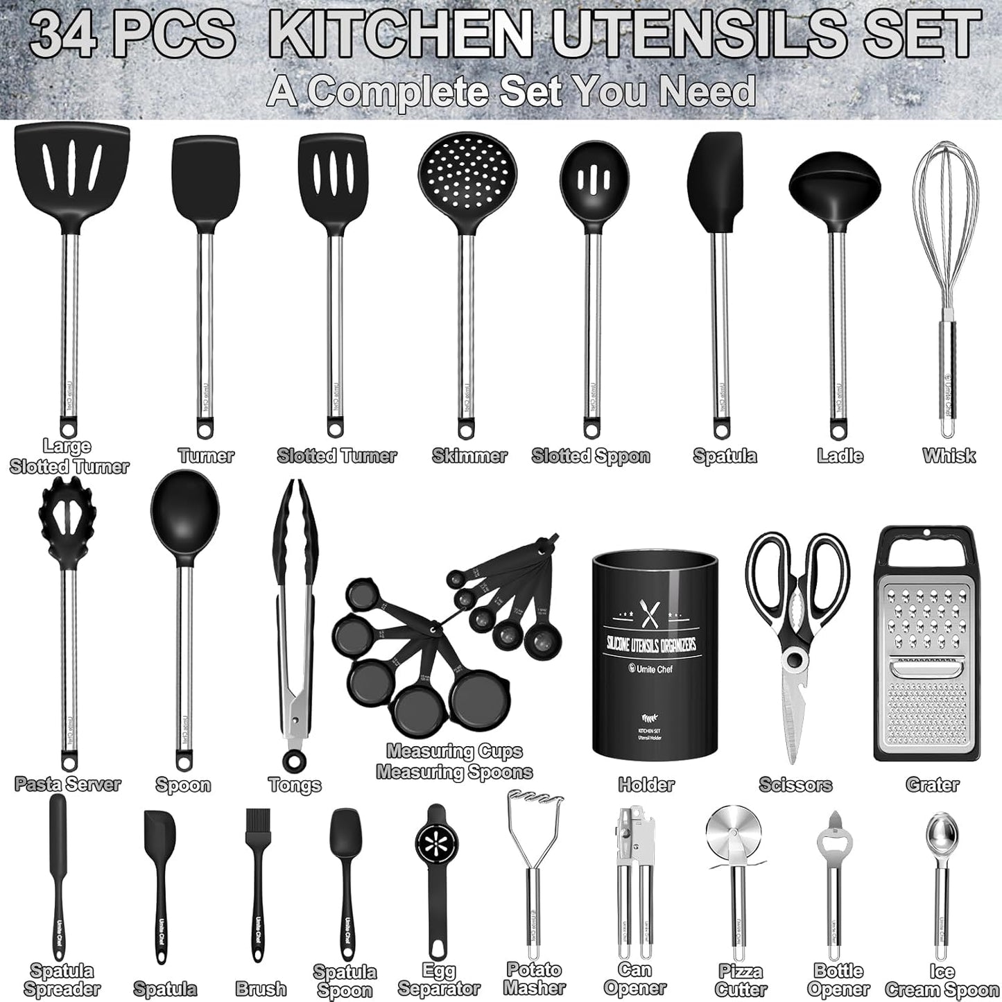 Kitchen Utensils Set- 34 Pcs Silicone Cooking Utensils Set for Nonstick Cookware-Silicone Spatulas Set, Stainless Steel Handle-Black Kitchen Gadgets Tools, Pots and Pans Accessories