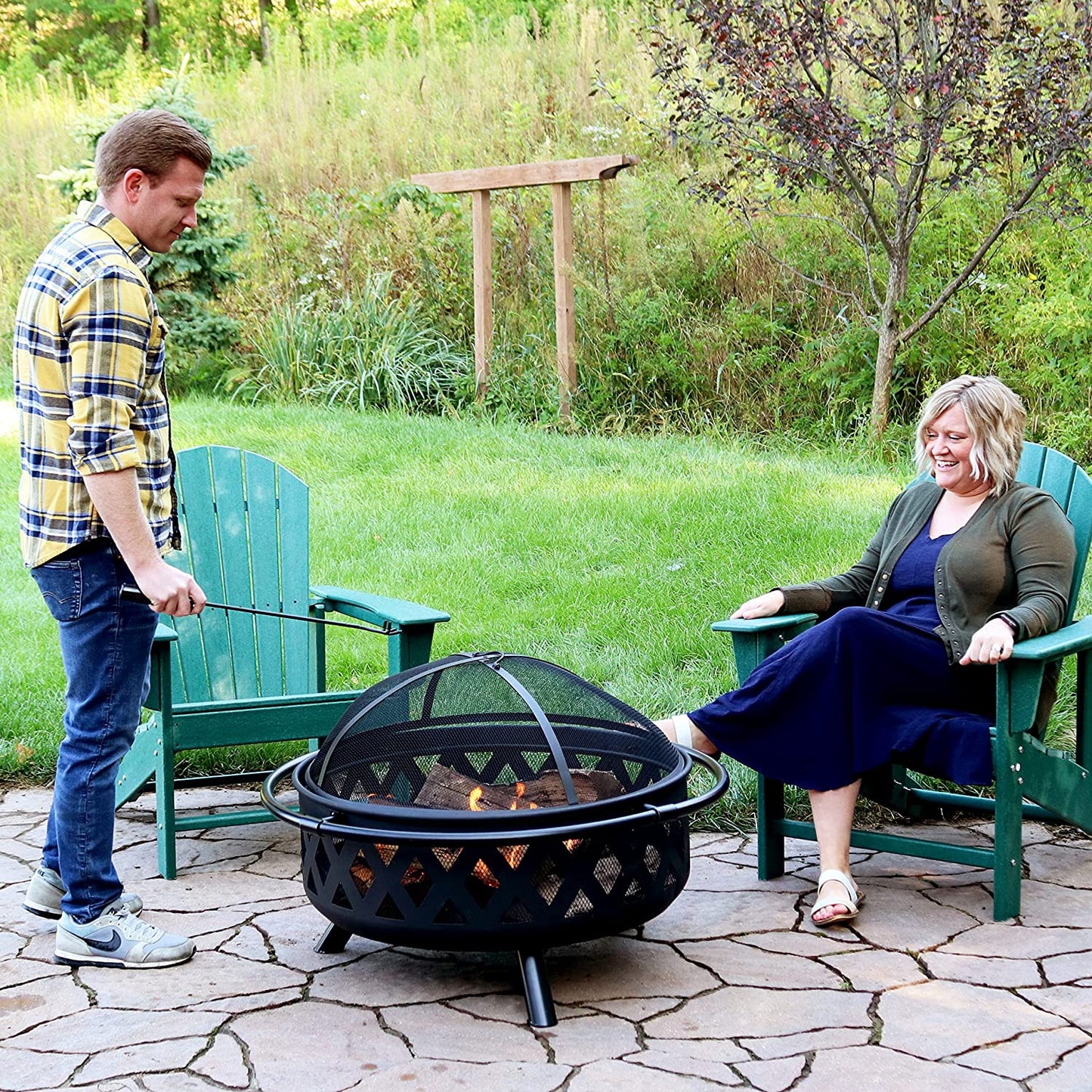 Black Crossweave Steel Wood-Burning Outdoor Fire Pit - Includes Spark Screen, Poker and Cover - 36-Inch Round