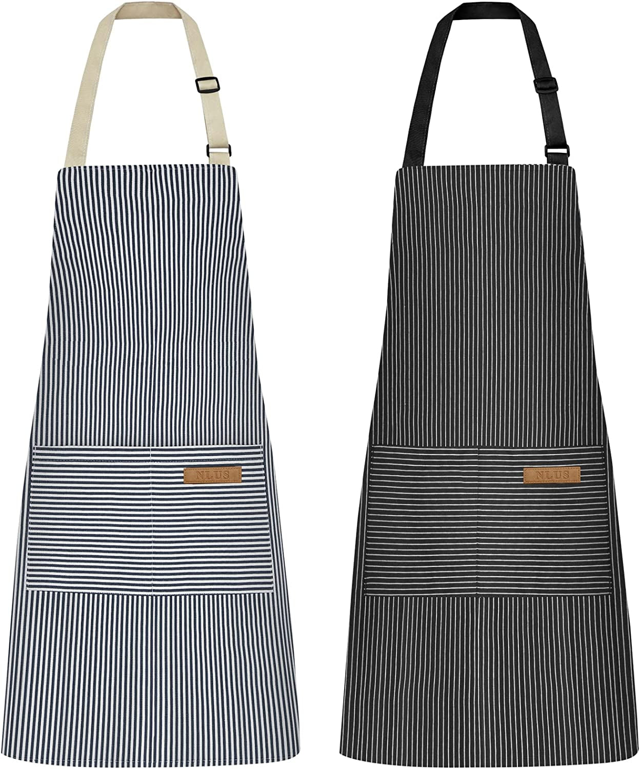 2 Pack Kitchen Cooking Aprons, Adjustable Bib Soft Chef Apron with 2 Pockets for Men Women(Black/Brown Stripes)